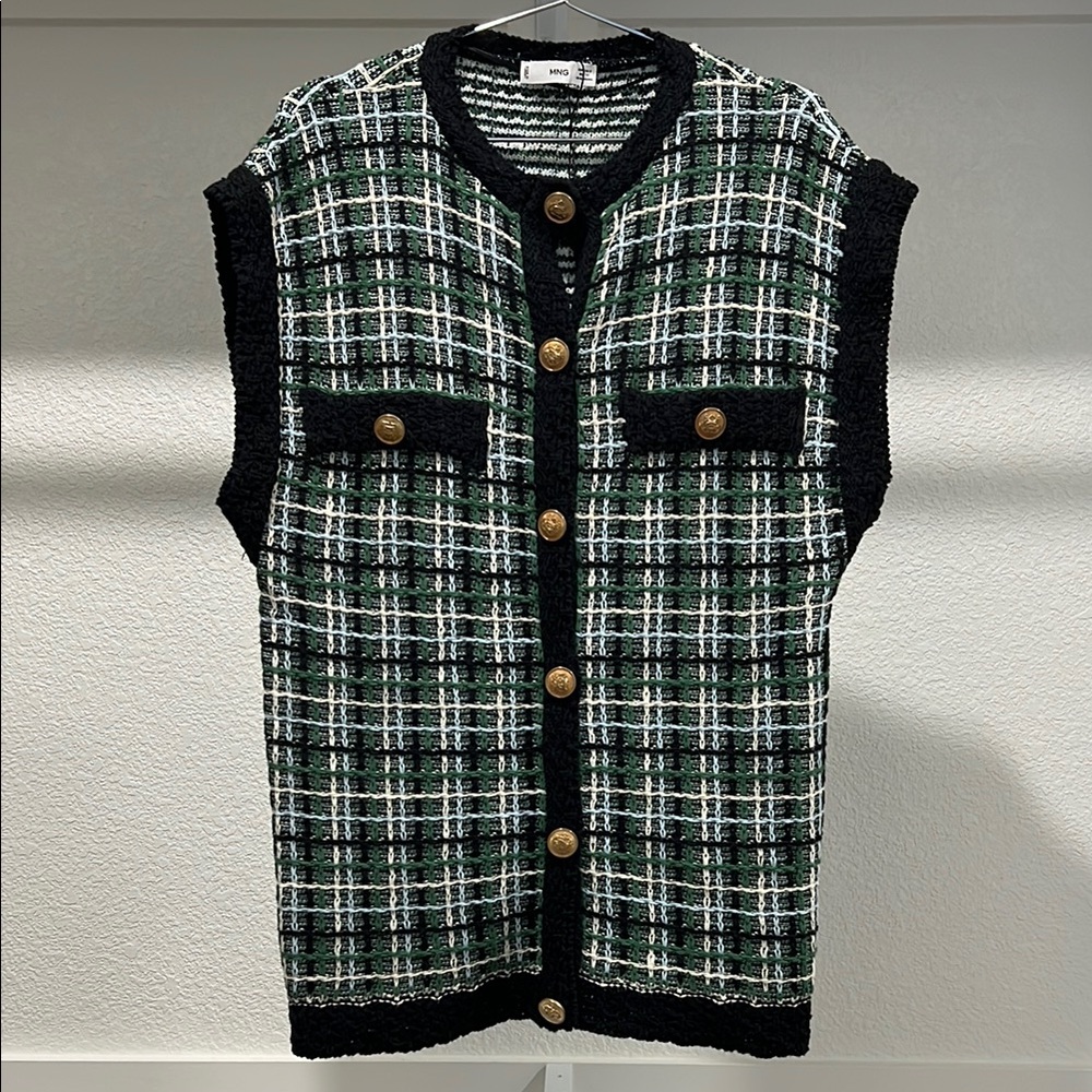 Mango Black and Green Plaid Vest
